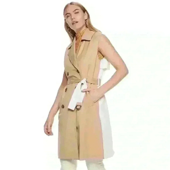 NWT Nine West ColorBlock Dual Tone Poplin Long Trench Old Money Coat Vest - Picture 1 of 12